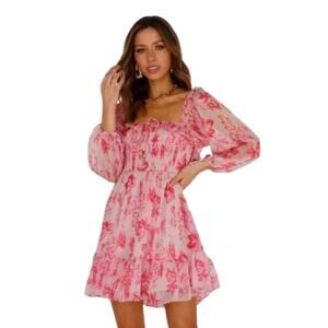Hello Molly Aura Check Printed Ruffle Long Sleeve Dress Pink Size 6 NWOT